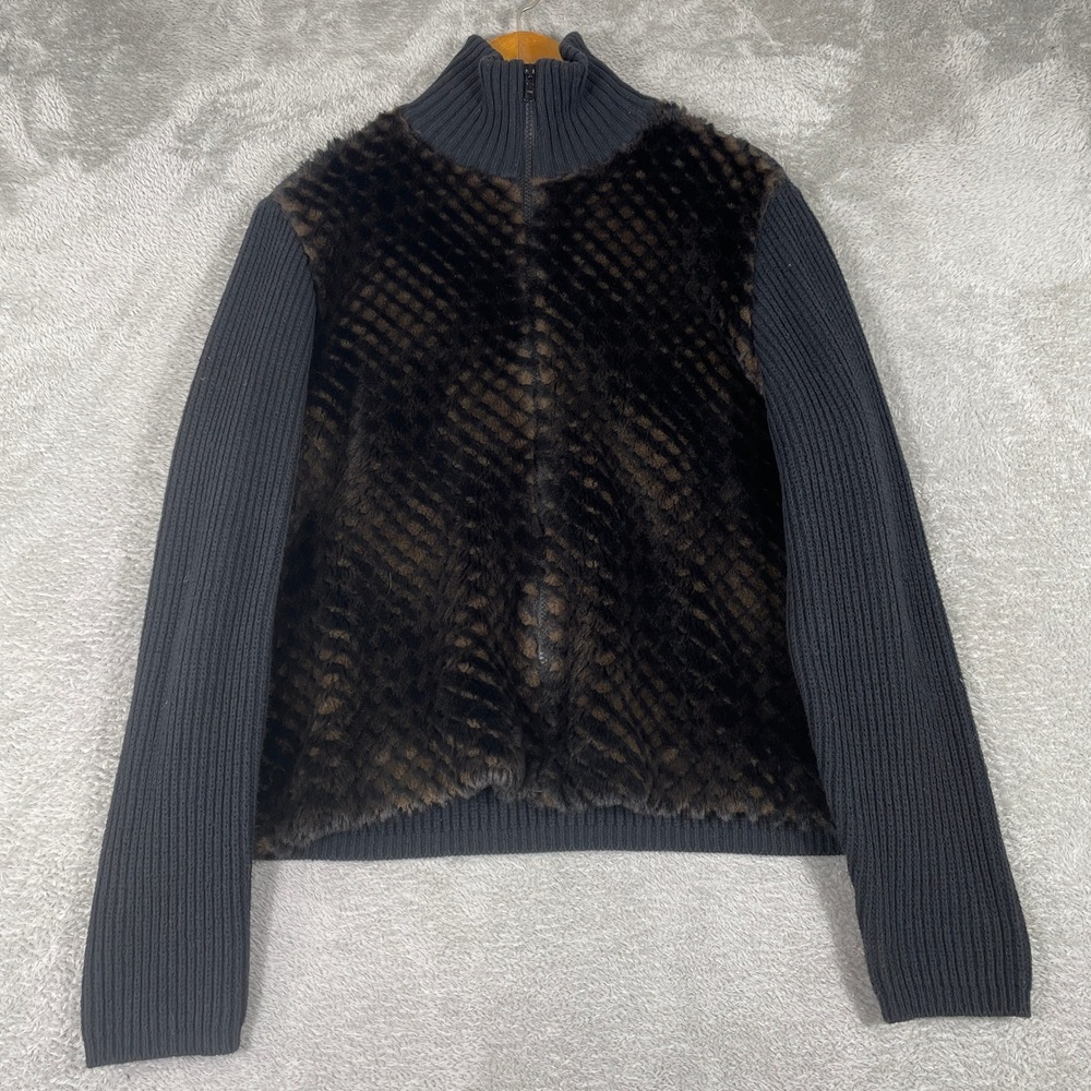 Cotton Country Parkhurst Faux‎ Fur Panel Ribbed Zip Sweater Womens Medium Black
